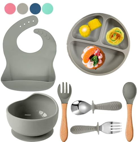 SilverStaar Baby Weaning Set, Silicone Suction Plate Baby, Suction Bowl, Spoon, Fork and Matching Bib - Super Detachable Suction Base Baby Feeding Set for Babies and Toddlers (Grey)