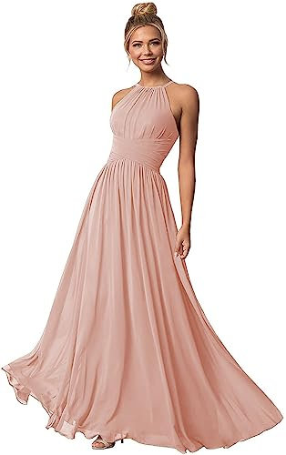 Clothfun Robe de demoiselle d'honneur longue en mousseline de soie pour femme, robe de soirée 2023, rose poudré, 44