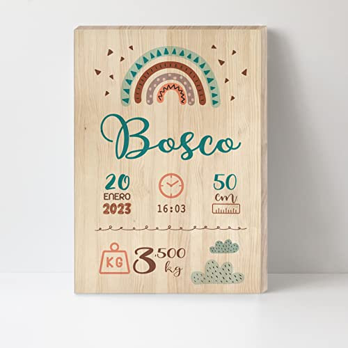 Natalicio Arcoiris de madera para bebés personalizado con nombre, regalo para recién niños nacidos personalizado con datos de bebé nombre fecha peso nacimiento pino tamaño 20x30 (Arcoiris)