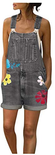 Salopette in jeans da donna con fiori corti: salopette da donna in jeans, pantaloni corti, tute da donna, pantaloni estivi leggeri, gamba larga, pantaloncini da donna, grigio., M