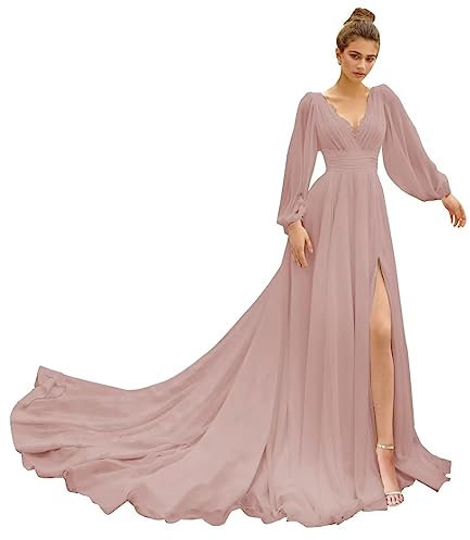 Robe de mariée à manches longues pour mariée en mousseline de soie Robe de bal en dentelle Boho Robes de mariée, rose poudré, 48