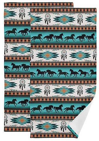 NISENASU Coole Handtücher im Südwesten Indianerstammes für Badezimmer, 2er-Set, Azteken-Stil, Navajo-Pferd-Druck, kleines Badetuch-Set, Gesichts-Waschlappen, dekoratives Küchen-Geschirrtuch für