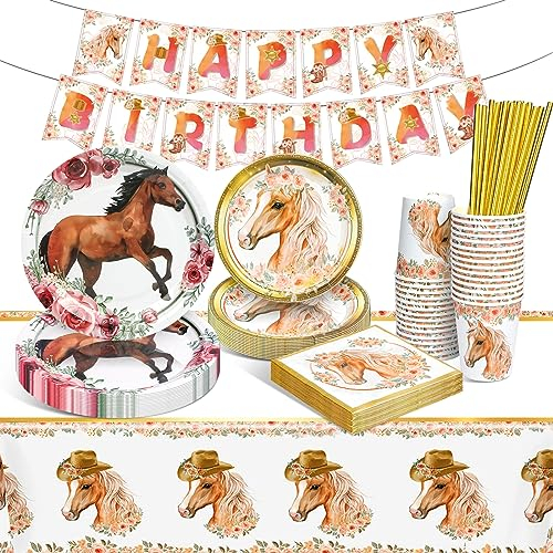 HLEIUKT Cheval Vaisselle Anniversaire, Party Supplies Set, Assiette Papier Tasse Serviette Nappe Paille pour Décoration Fête (16 Invités)