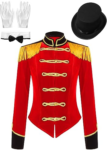 iEFiEL Damen Samt Blazer Vintage Jäckchen Kurzjacke Zirkus Kostüm Set mit Hut und Handschuhe Showman Kostüme für Karneval Cosplay Faschingskostüm