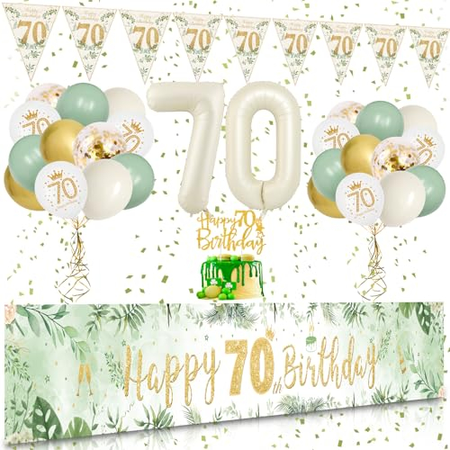 70 Geburtstag Deko, VICTERR Grün Gold Deko 70. Geburtstag Frau und Mann Deko Set, Extra Lange Größe Happy 70th Birthday Banner Hintergrund 274×37cm, Girlande Wimpel Konfetti Luftballons