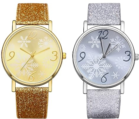 Silverora 2pcs Damenuhren Set Armbanduhr Weihnachtsuhr Weihnachten Schnee Uhr Damen Analog Quarz Uhren mit paillettenbesetztes Lederarmband Geschenke für Frauen Mädchen