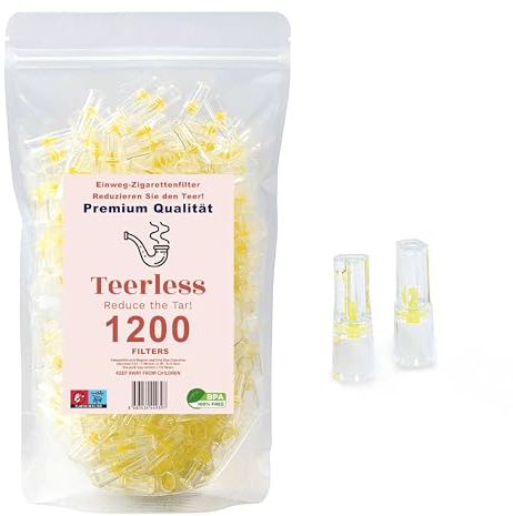 TEERLESS Lot de 1 200 filtres anti-goudron pour cigarettes - Embout de filtre à cigarettes - Fume-cigarette en plastique pour cigarettes normales - Stop nicotine et goudron - Filtre enfichable pour