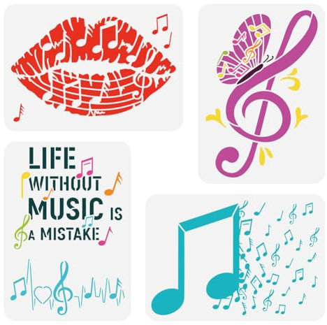 FINGERINSPIRE 4 Stück Musik Malschablone 21x29.7 cm Musiknoten Lippen Schmetterling Vorlage Leben Ohne Musik Ist EIN Fehler Schablone Zum Malen Auf Holzwänden Stoffmöbeln