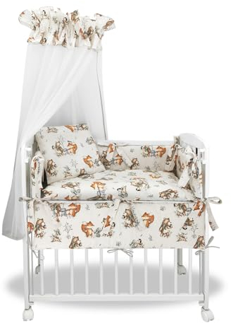 Baby Delux Beistellbett Set Babybett Komplett Set Stubenwagen weiß 90x40 mobil mit Rädern inkl. Bettwäsche Matratze (Teddy und Fuchs beige)
