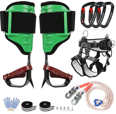 Fepinc Juego de picos para trepar árboles con correas ajustables y acolchado de pierna de EVA, equipo de escalada ajustable mejorado con cinturón de seguridad, cuerda y anillos en D