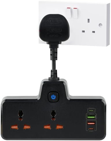 Black Plug Adapter Wall Socket With Touch Nightlight,2 Way Plug Extension With 2 Type-C+2 USB Ports,Plug Adapter UK Multi Plug Adaptor with Individual Switches,Wall Plug Extender for Home, Office