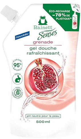 RAINETT Senses - Gel Douche Rafraîchissant à la Grenade - 95% d'Ingrédients d'Origine Naturelle - Formule Vegan - Gel Douche pH Neutre Pour La Peau - Eco-Recharge 500 ml