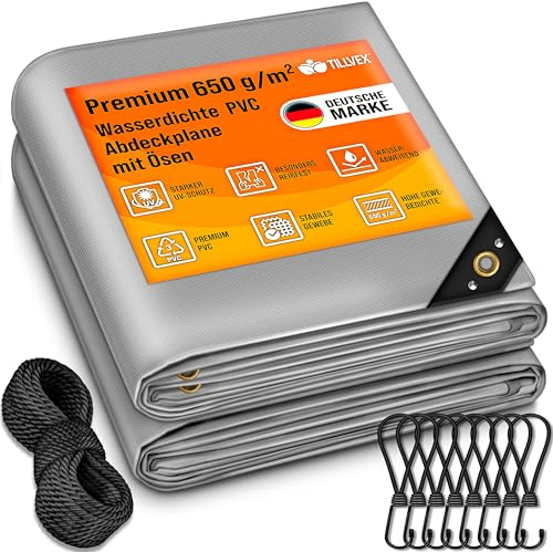 tillvex® Lona con Ojales + 10 Ganchos y Cuerda de 15 m, Lona de 650 g/m² Exterior, Impermeable y al desgarro, Lona de PVC Universal para Camiones, Piscinas, Muebles de jardín, Cubierta Cubierta