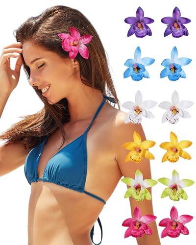 12 PCS Hawaiian Flower Hair Clips for Women Orchid Flower Hair Clips Artificial Flower Hair Barrettes Hibiscus Flower Hair Clips for Wedding Bridal Beach Party(Multiple Colour)