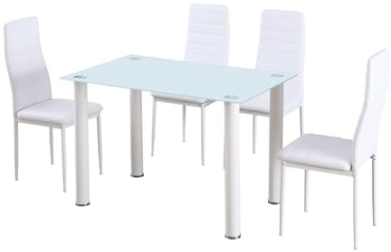 S & S Saldos y Stocks Mesa de Cristal Templado + 4 Sillas Polipiel. Comedor o Cocina, Blanco