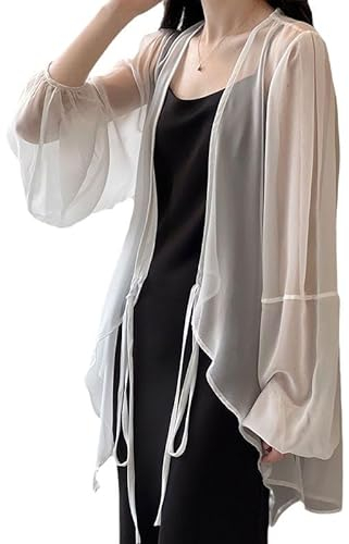 WLLDDDIU Bolero Donna,Cardigan Kimono da Donna Lungo in Chiffon Copricostume da Bagno Bohemian Beachwear Bikini Trasparente Scialle Top Camicetta Kimono Leggera Avvolgere Spolverino Giacche Bianco M