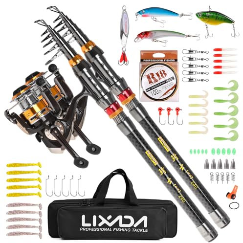 Lixada 2-teiliges Angelruten- und Rollen-Set, Teleskop-Angelrute aus Kohlefaser mit Spinnrollen-Set, Tragetasche, Koffer, Salzwasser/Süßwasser, Reise-Angelköder, Jighaken, komplettes Set