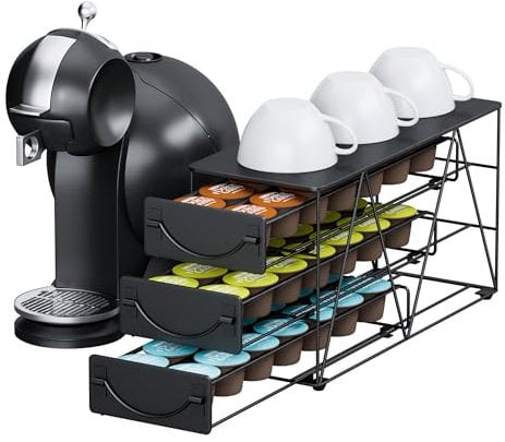 Coffee Pod Holder for Dolce Gusto, 42 Capsules Storage Drawer, 3 Tier Thick Metal Coffee Pod Storge, K Cup Pods Organizer Drawer with Non-Slip Feet for Small Space Counters