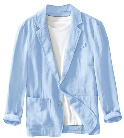 Men's Linen Blazer Jacket, Business Office Blazer, Turn-Down Collar Solid Color Blazer Jacket, Loose Simple Versatile Suit Jacket Casual Sport Coat Top Two Button Down with Double Pockets Light Blue