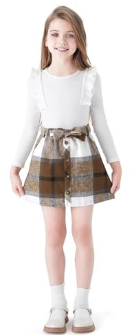 PATPAT Bekleidungssets für Mädchen A-Linie Plaid Rock Set, Komfortable Stoffe Kleinkind Mädchen Mode Kleidung 2Pcs Outfits Set - Ideal für Schule, Freizeit und Outdoor, Weiß, 9-10 Jahre, 134-140