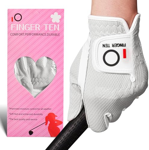 FINGER TEN Damen-Golfhandschuhe, Rechtshänder, Linke Hand, 1 Stück, Golfhandschuhe, Regengriff, heiß, nass, Allwetter-Netzgewebe für Mädchen, Damen, S, M, L (Weiß, Large (Worn On Links Hand))