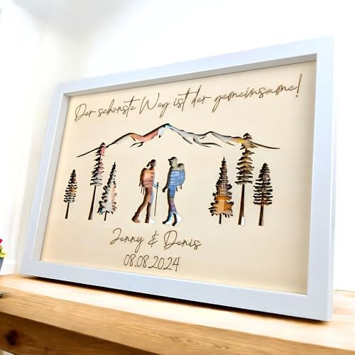 Geldgeschenk Hochzeit aus Holz Wanderer personalisiert - Einzigartiges dekoratives Hochzeitsgeschenk für Brautpaar oder Geschenk Freundin Geburtstag - Text und Hochzeitsdatum auswählbar - Bilderrahmen