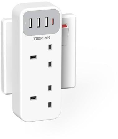 Plug Adapter with 3 USB A and 1 USB C, TESSAN Double Plug Extension Socket, 2 Way MultiPlug Adaptor, 13A UK 3 Pin Outlet Extender for Home, Kitchen, Office, School Supplies