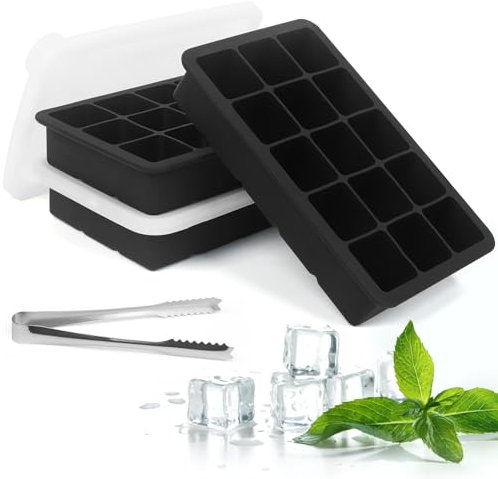 Eiswürfelform Silikon Eiswürfelbehälter mit Deckel, 3 Stück 45 Fach Große Quadratische Eiswürfel 3.5cm, Ice Cube Tray für Whisky, Cocktails(schwarz）