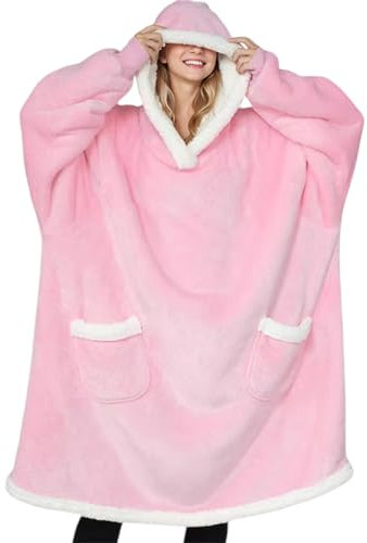 SERTAS Übergroße Hoodie Decke Hoodie Sweatshirt Hoodie Damen Oversize Super Weicher Bequemer Warme Flanell Oversized Hoodie Blanket Hoodie Einheitsgröße für Erwachsene Rosa