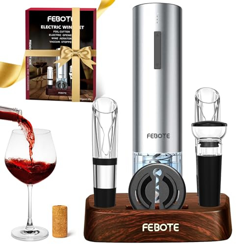 FEBOTE Ensemble tire-bouchon électrique rechargeable automatique avec support en bois – 2 bouchons de vin sous vide aérateur de vin coupe-capsule pour maison, bar, fête, Saint-Valentin, cadeau de Noël