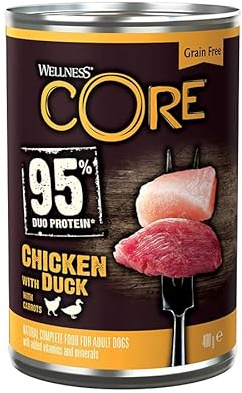 Wellness Core, Wet Dog Food 95% Meat, Chicken, Duck and Vegetables, Rich in Protein, No Additives, Size 0.4 kg, Ideal for All Dogs, Ideal for All Breeds