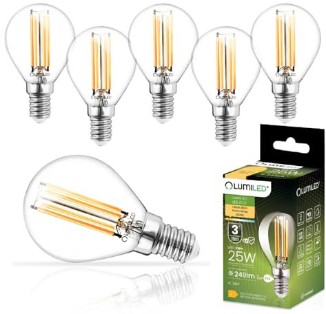 Lumiled P45 E14 LED Lampe 2W (ersetzt 25W), 249Lumen, Vintage Filament Klar Glas LED Lampe Tropfenform Tropfen Kugel 3000K Warmweiß Birne Lampen 360° Strahlwinkel Glühbirnen Kugelbirnen 6er-Pack