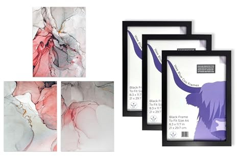 Artery8 Abstract Wall Art - Set of 3 A4 Sized Art with Black Frames - Coral Grey Agate Stone Marble Bedroom Bathroom Aesthetic Calm Pink