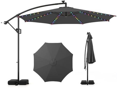 GOPLUS Grand Parasol de Jardin Extérieur avec Pied, Parasol Déporté 3x3M avec LED Coloré, 9 Modes Lumineux, Rotation à 360°, Manivelle, pour Balcon Terrrasse Patio (Gris)
