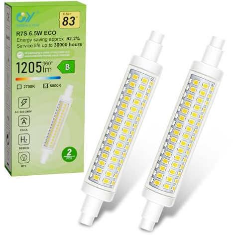 GY R7S LED Lampe 6.5W 230V 1205 Lumen 6000K Kaltweiß Glühbirnen, ersetzt 83W, Nicht Dimmbar Energiesparlampe LED Stablampe Leuchtmittel, perfekt für Stehlampe, Deckenfluter, Flutlicht sowie, 2er-Pack