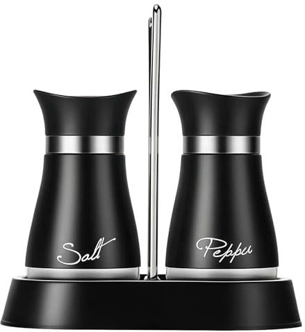 Salt and Pepper Shakers Set with Holder, 2 Pack Glass Salt Pepper Shakers with Stainless Steel Lids, 4 oz Spice Shaker Containers for Kitchen Table, Cooking, Dining & BBQ, Black
