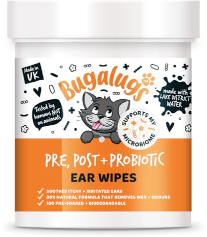BUGALUGS Probiotic Cat Ear Cleaner Pet Wipes 100 Biodegradable textured pre-soaked dog ear wipes. Cat Ear Cleaner Solution Stops Head Shaking, Itching & Waxy Ears (Cat 100 wipes)