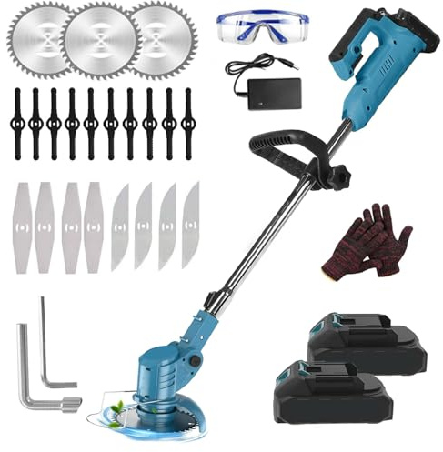 Rasentrimmer mit Akku 21V, Akku Rasentrimmer für Makita Batterie,Elektrischer Motorsense mit 2 * 2.0Ah Akkus und Ladegerät,4 Klingentypen,Freischneider-Akku für Gärten, Rasenflächen, Büsche