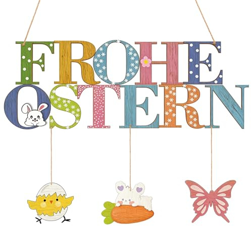 Türschild Frohe Ostern, Türschild Willkommen Osterndeko, Holz Dekoschild für Ostern, Osterdekoration mit Osterhase Ostereier Holzschild, Oster Intoor Deko,Hübsche Osterdeko für Tür Oder Fenster
