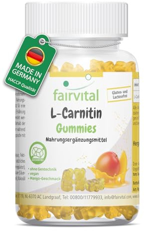 fairvital L-Carnitin Gummies, 60 Stück, 1000mg pro Tagesdosis, Mango-Geschmack, Hochdosiert, 100% Vegan + Zuckerfrei, qualitätsgeprüft und hochdosiert, Made in Germany