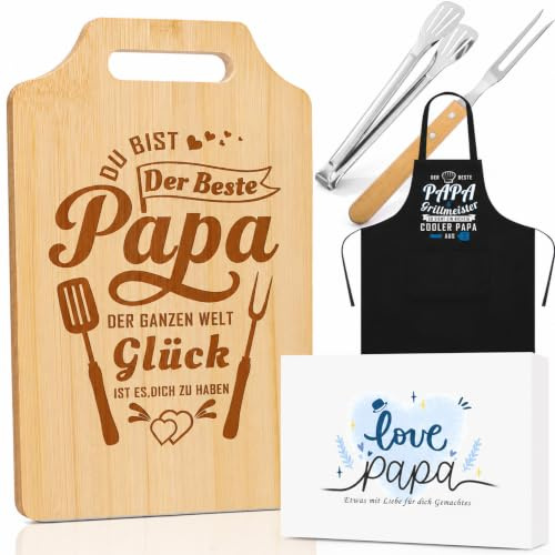 Geschenke für Papa, Graviertes Bambus Schneidebrett, Vatertagsgeschenk, Papa Geschenk Geburtstag, Bester Papa Geschenk mit kochschürze, Geschenkset für Vatertagsg