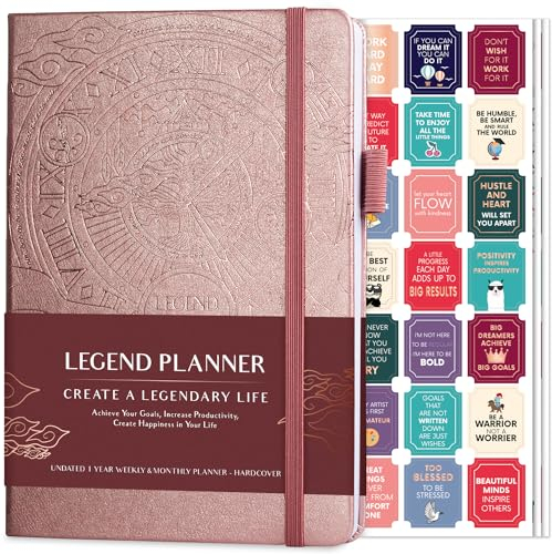 Legend Planner - Planificateur de vie hebdomadaire et mensuel non daté pour atteindre vos objectifs et vivre plus heureux. Carnet organiseur et journal de productivité pour homme et femme. Couverture rigide A5 - Dure 1 an - Avec autocollants. A5 (5.8'' x 8.3'') Rose Gold Gold Foil (Undated)
