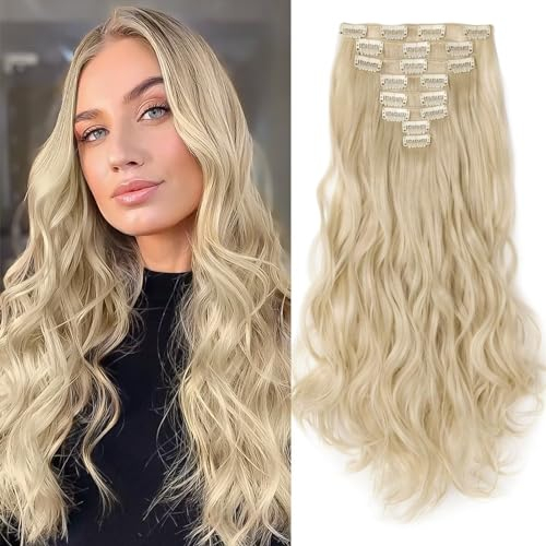 TESS Clip in Extensions wie Echthaar Haarteil günstig Haarverlängerung 8 Tressen 18 Clips Haarteil Gewellt 24(60cm)-140g Hellblond