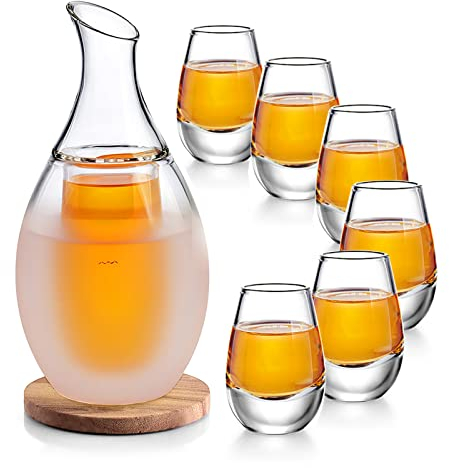 ZENS Sake Set Japanese, 250ml Sake Glass Decanter Cups with 6 Saki Cup Sets for Warmer or Cold Wine with Stone Coaster Towel