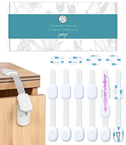 Baby und Kindersicherung für Schränke und Schubladen zum Kleben von JANEYO - Auch geeignet für Türen, Fenster, Mülleimer, Toilettendeckel, Kühlschränke uvm. - Kindersicherung Schrank