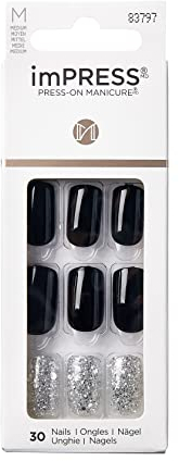 KISS imPRESS Destiny Press-On Manucure carrée de longueur moyenne avec technologie PureFit, tampon de préparation, mini lime, bâton à cuticules et 30 faux ongles