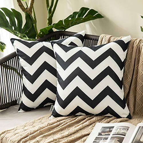 MIULEE 2er Set Outdoor Kissenbezüge Wellen Gestreift Kissenbezug wasserdichte Kissenhülle Dekokissen Sofakissen Dekorativ Couchkissen Bezug für Sofa Wohnzimmer Balkon Garten 50x50 cm Schwarz