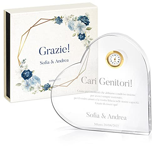 Maverton Cuore di Vetro con Orologio - Soprammobili Moderni con Incisione - in Scatola Personalizzata - Confetti e Decorazioni Casa - Idee Regalo per Anniversario - Grazie