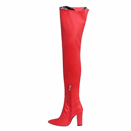 11 cm Damen Overknee Stiefel, Oberschenkel Hohe Stiefel Gürtelschnalle Sexy Gummisohle Spitzschuh Schlank High Heel Partymode Mit Gürtel,Rot,36 EU