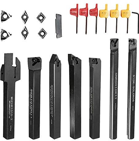 21 Stück Drehmeißel mit Wendeplatten Bohrstange Drehstahl Drehmeißelhalter Set, 7 x Drehmaschinen-Halterung, 7 x Hartmetall-Einsätze, 7 x Schraubenschlüssel (10 mm)